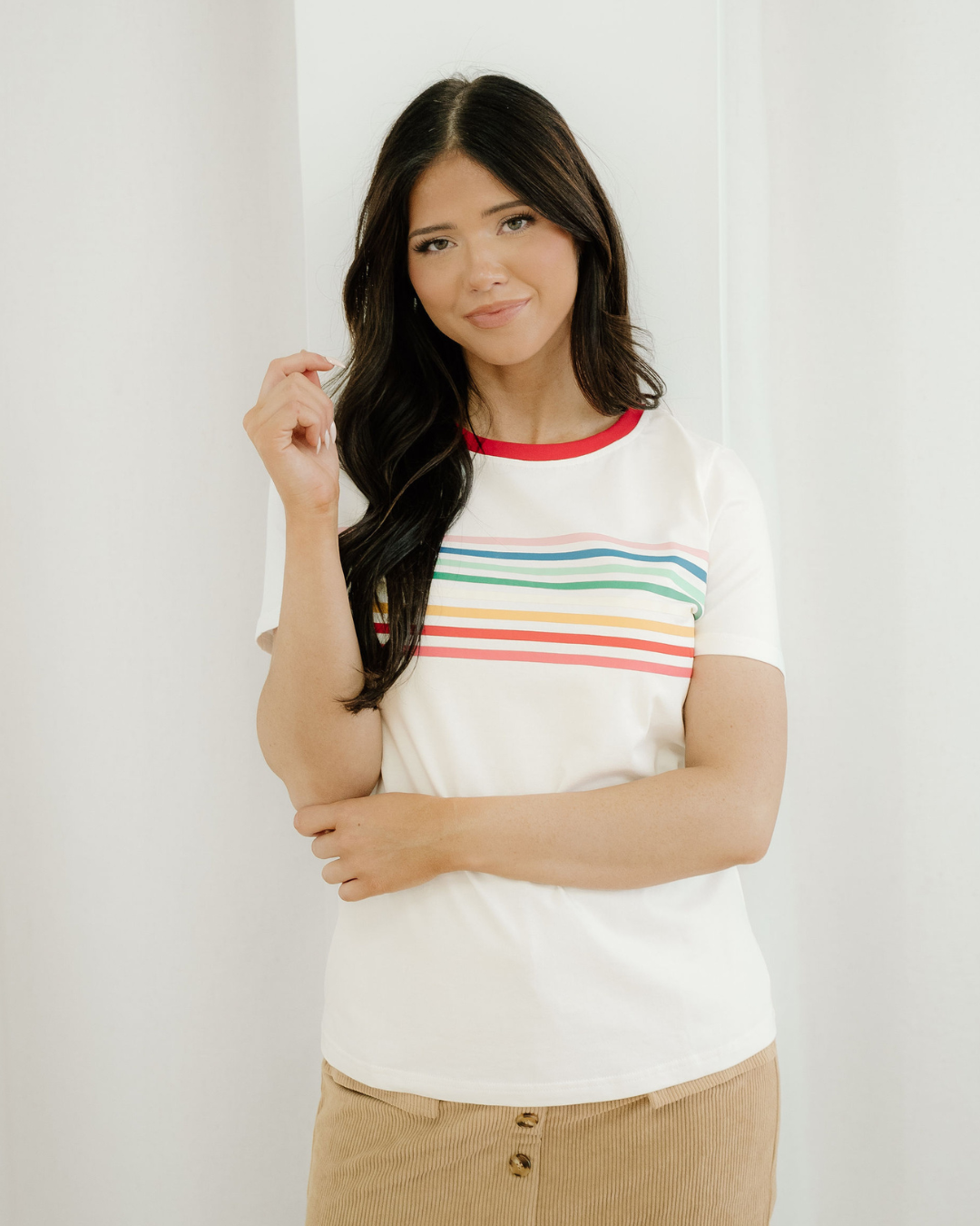 Melanie Rainbow Stripe Print Crewneck T Shirt