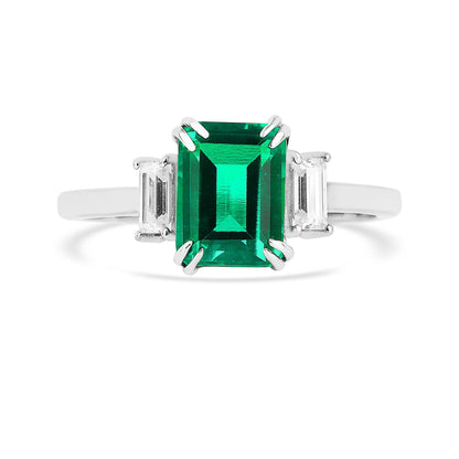 2.04 Ct Octagon Green Colombian Lab Created Emerald and Moissanite Prong Silver Three Stone Statement Ring