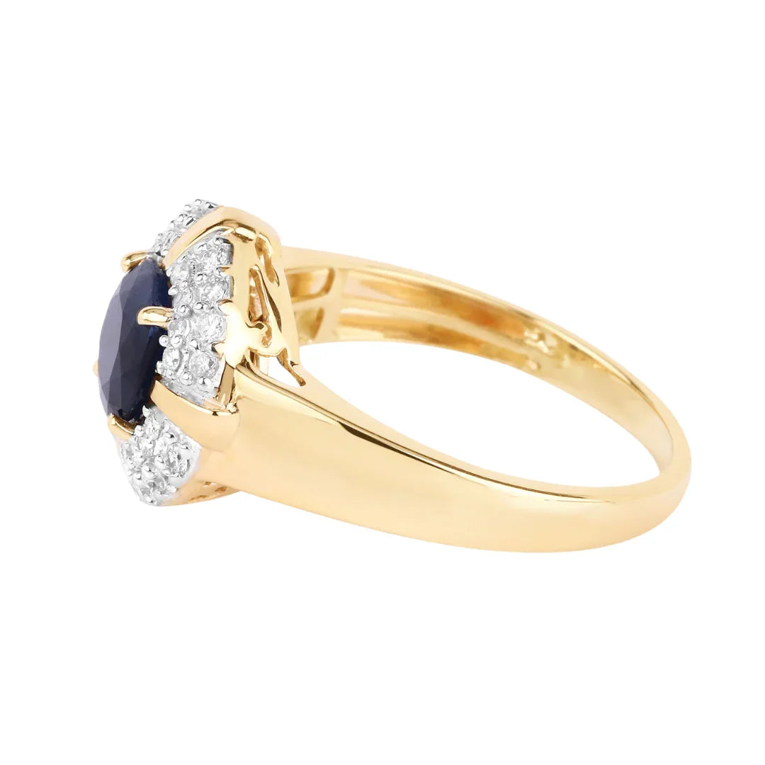1.48 Ct Round Blue Sapphire Diamond Prong 10k Gold Halo Statement Ring