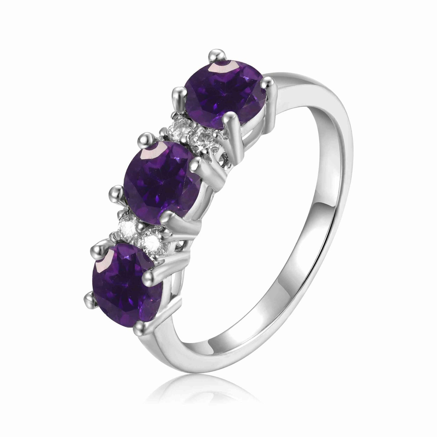 1.7 Ct Round Purple Amethyst Prong Silver Three Stone Ring