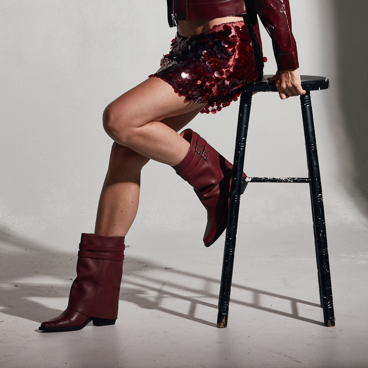 Alma Foldover Leather Boots - Burgundy