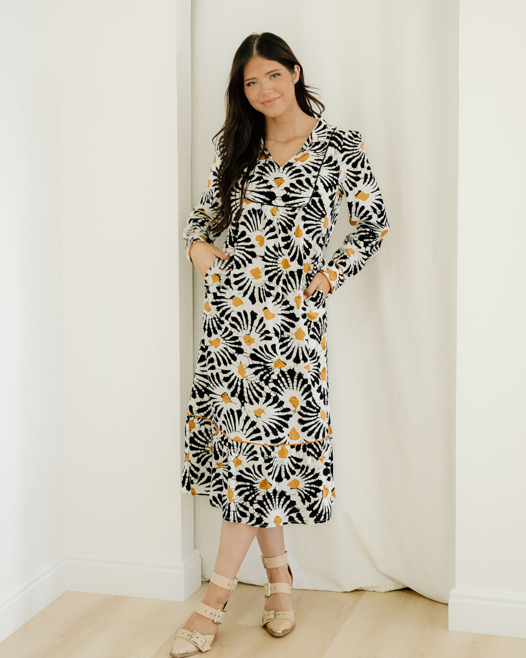 Lucille Abstract Floral Print Split V Neck Long Dress with Sleeves