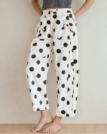 Polka Dot Print Bow Detail Pocketed Jeans