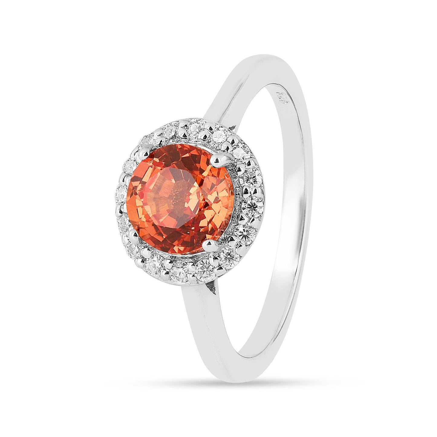 1.33 Ct Round Lab Created Peach Sapphire and Moissanite Prong Silver Halo Statement Ring