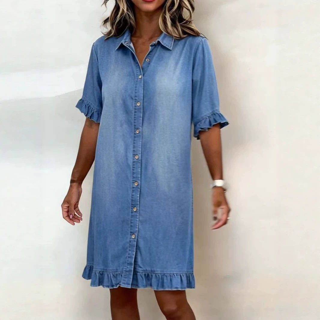 ruffle sleeve denim dress Entro Denim Dreams Ruffle Sleeve Dress-Light Blue