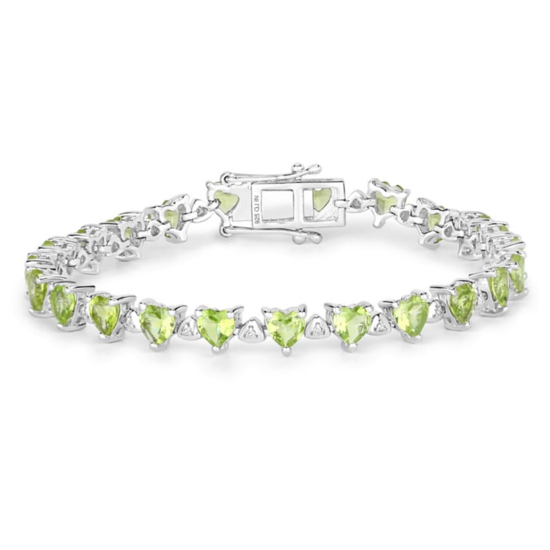 Heart Green Peridot & Diamond Prong Silver Box Clasp Tennis Bracelet