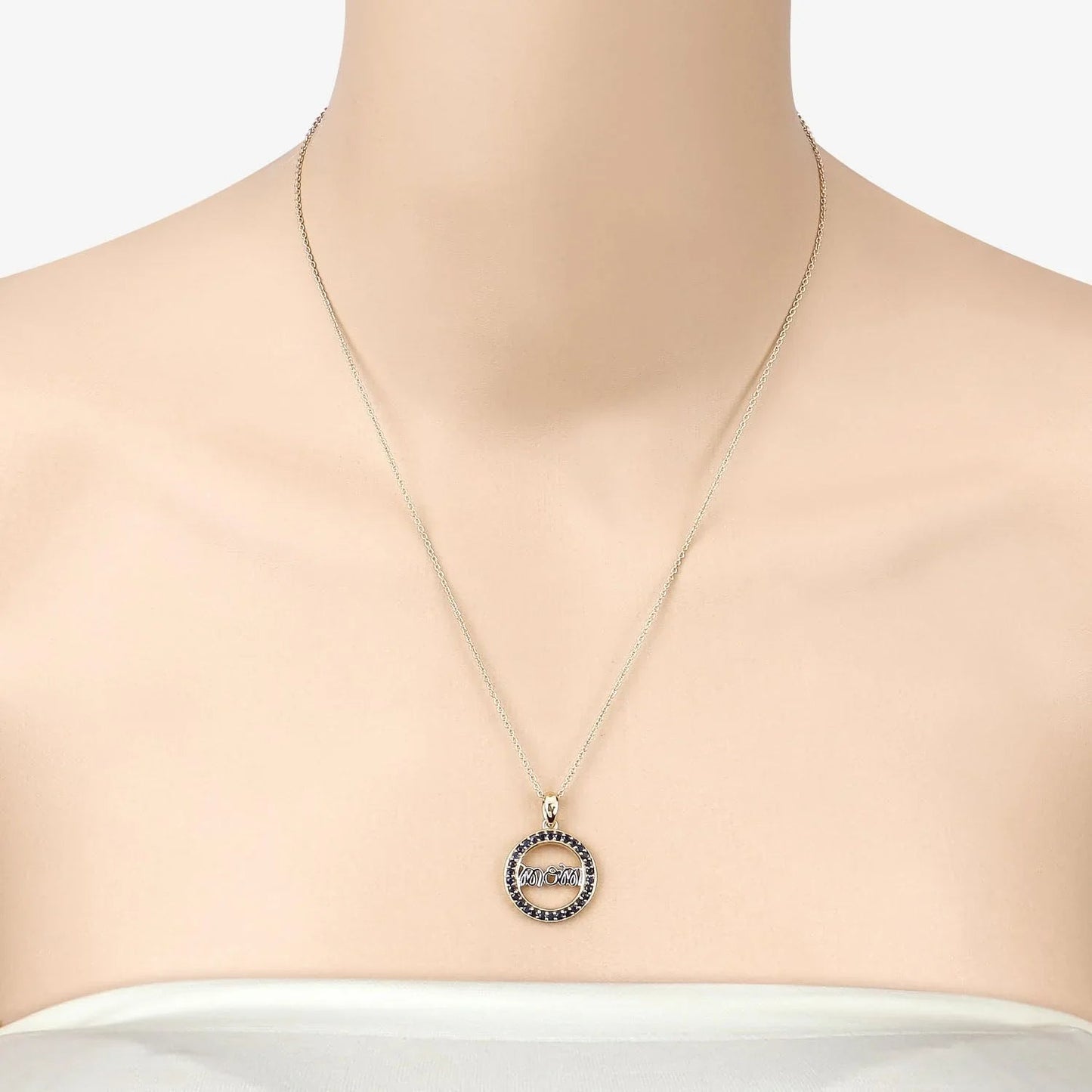 Round Blue Sapphire Prong Gold Plated Silver Mom Circle Pendant Necklace