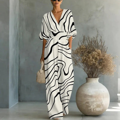 Women's Waist-Cinched V-Neck Printed Wide-Leg Jumpsuit