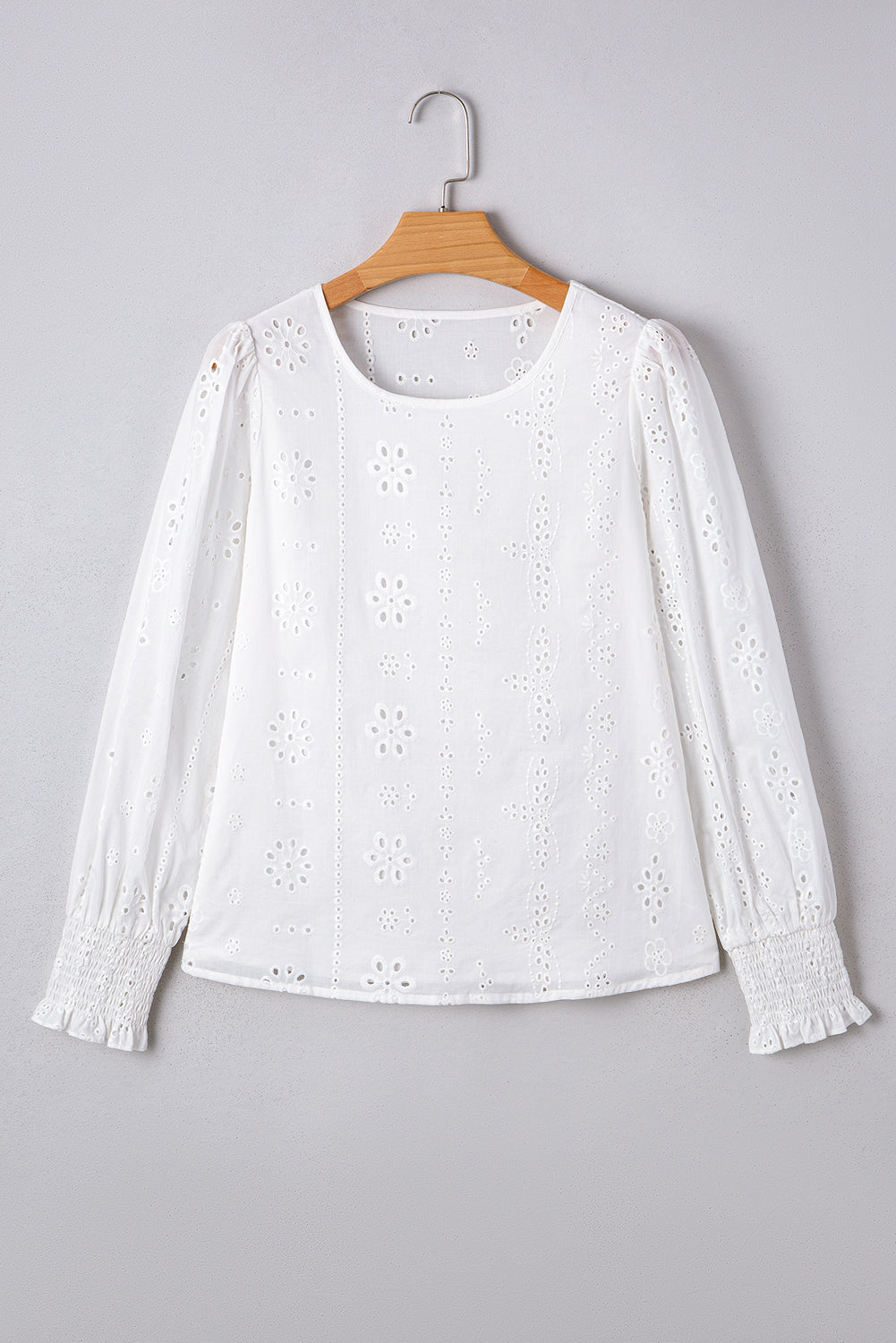 Threaded Pear Allison Eyelet Embroidered Smocked Cuff Sheer Blouse
