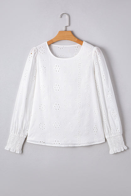 Threaded Pear Allison Eyelet Embroidered Smocked Cuff Sheer Blouse