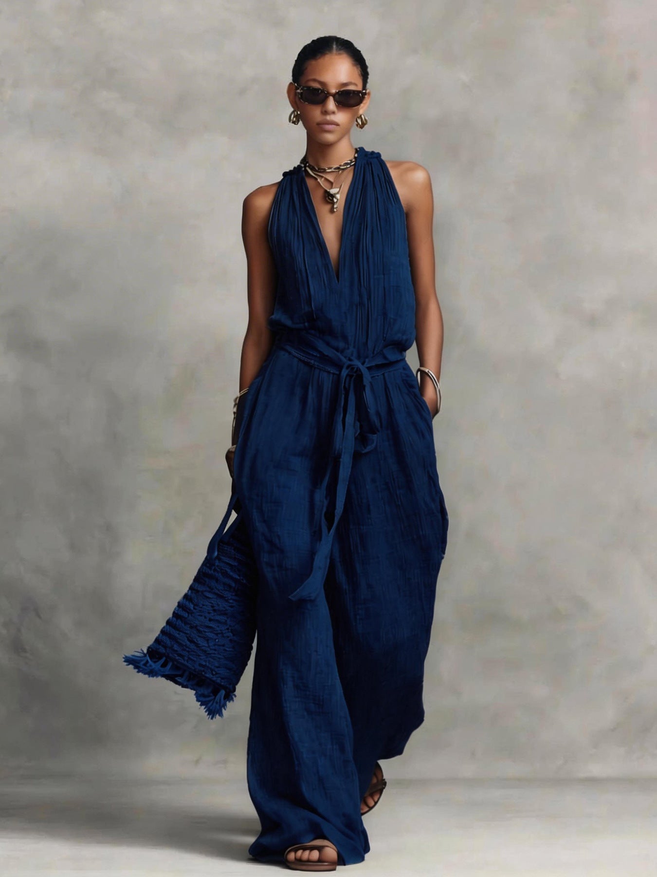 Lace-Up Sleeveless Straight-Leg Jumpsuit | Cotton-Blend