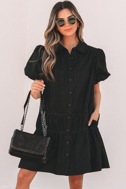 Threaded Pear Cassidy Button Down Puff Sleeve Ruffle Hem Dress