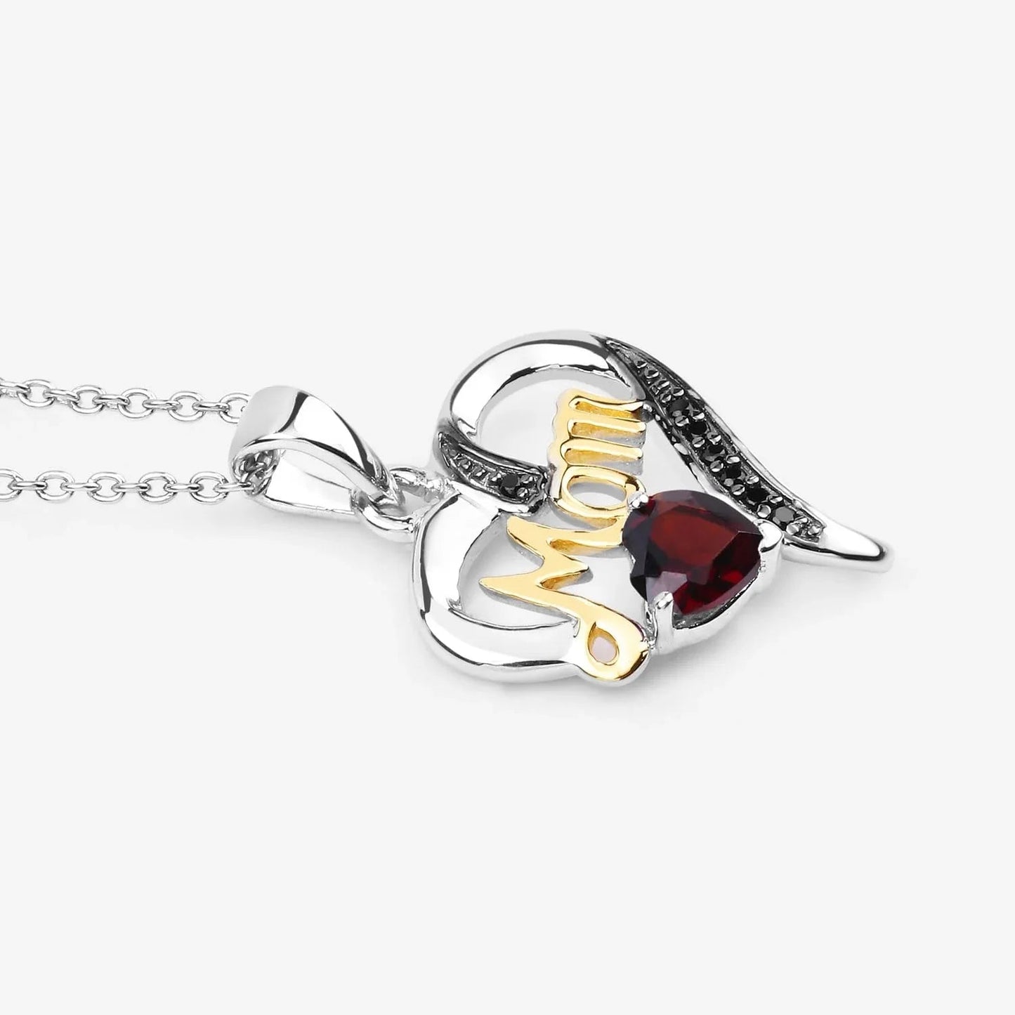 Heart Red Garnet Prong Silver Mom Heart Pendant Necklace