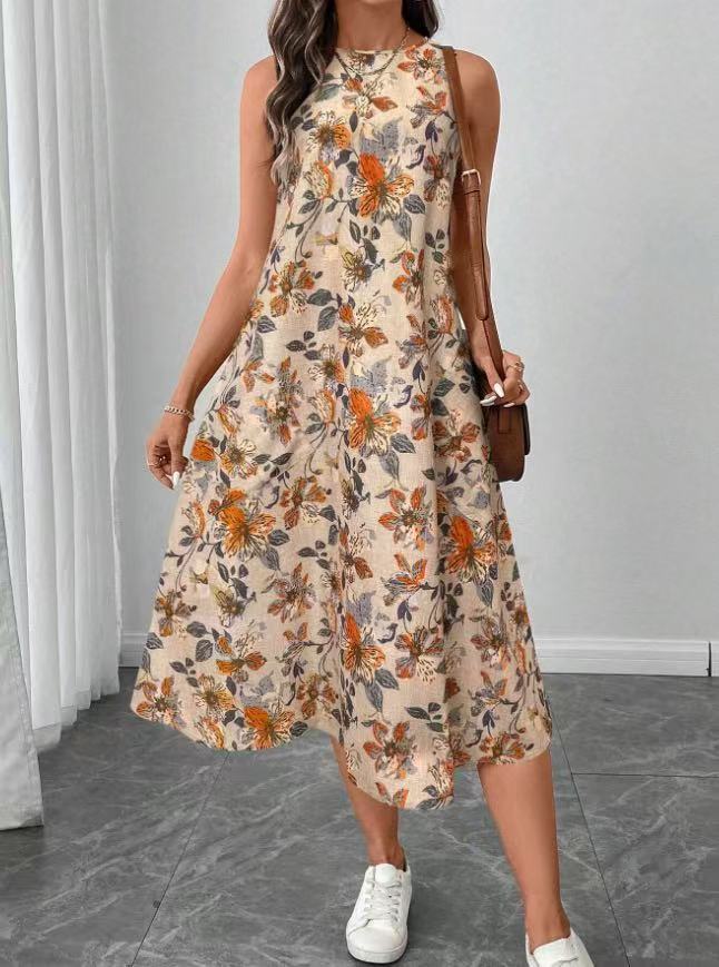 Floral Print A-Line Midi Dress with Pockets | Boho Vintage Khaki / L