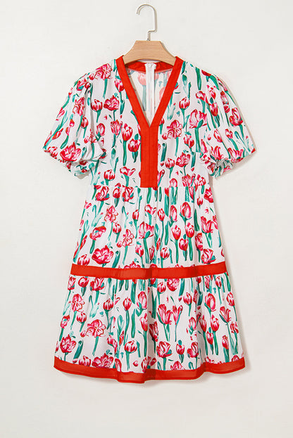 Pink Floral Print Contrast Trim V Neck Bubble Short Sleeve Babydoll Dress