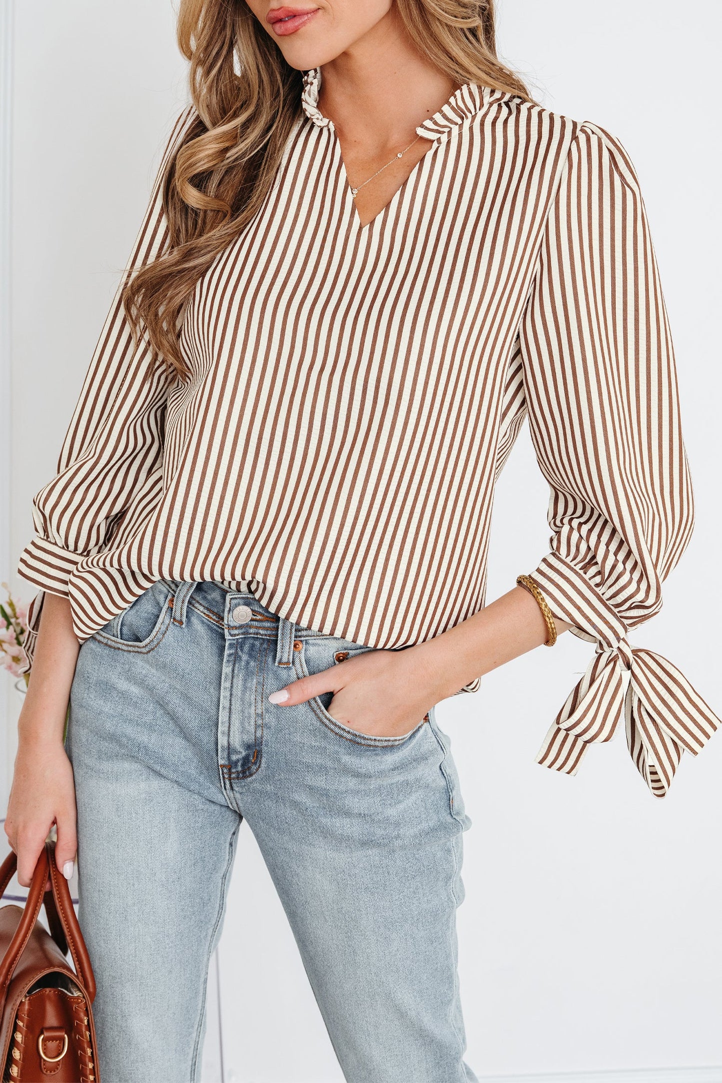 Threaded Pear Blair Tied Cuffs Seersucker Blouse