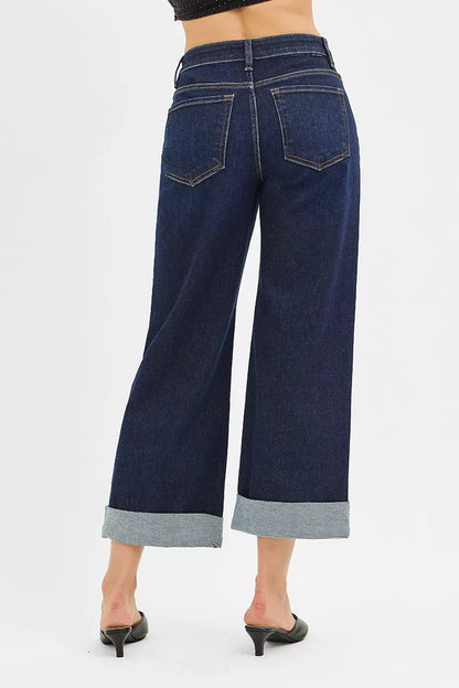 RISEN Mid Rise Fit Ankle Wide Roll Up Jeans