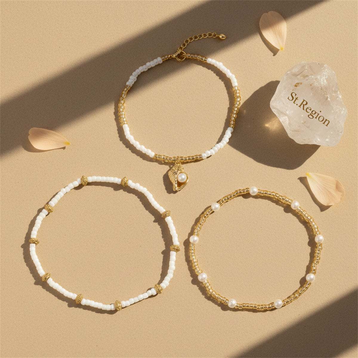 Pearl & Howlite Acrylic Goldtone Shell Charm Stretch Anklet Set