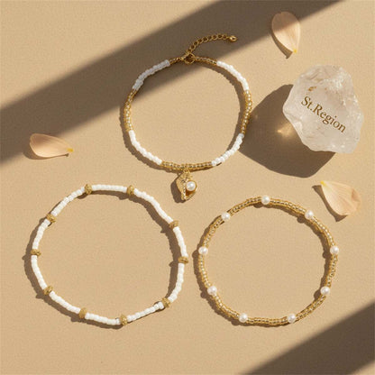 Pearl & Howlite Acrylic Goldtone Shell Charm Stretch Anklet Set