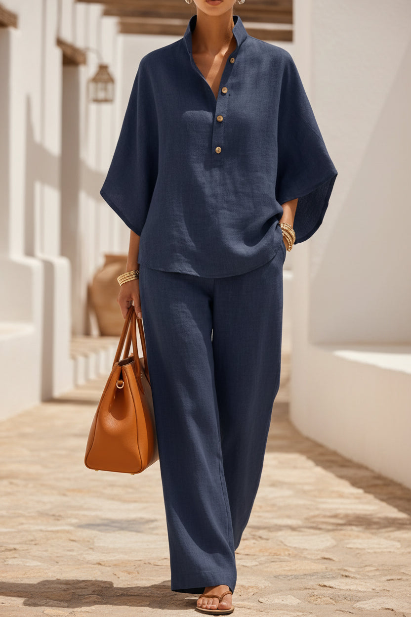 Women's Linen-Look Stand Collar Batwing Top & Wide-Leg Pants Set