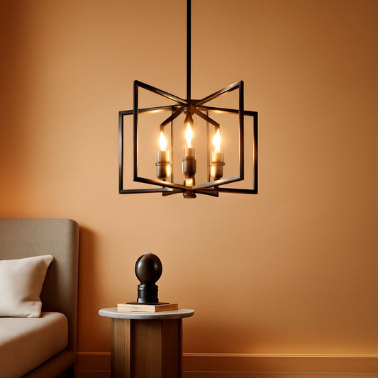 6-Light Modern Farmhouse Black Chandeliers for Entryway, Geometric Pendant Lights Kitchen Island, Hanging Industrial Metal Chandelier for Stairway Foyer Hallway Dining Room