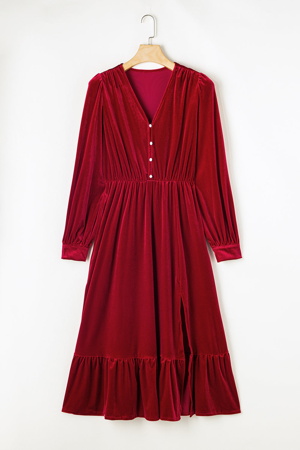 Threaded Pear Olivia Velvet Buttoned Puff Sleeve V Neck Split Midi Dress
