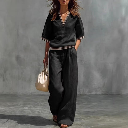 V-Neck Short-Sleeve Shirt & Pants Set – Cotton-Linen Two-Piece