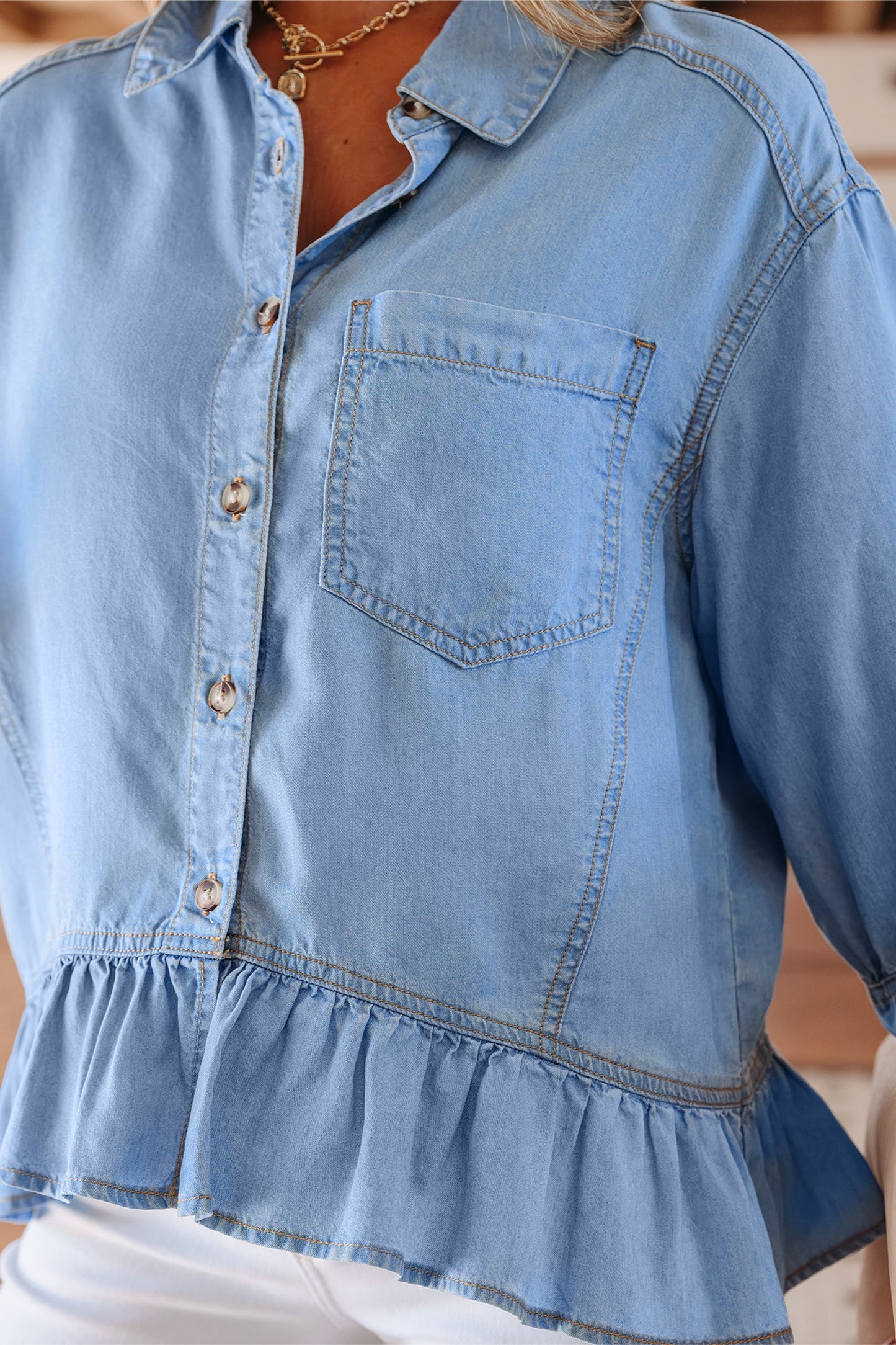 Threaded Pear Daphne High Low Chambray Shirt