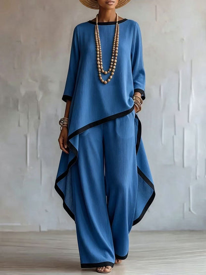 Women's Asymmetric Linen Tunic & Wide-Leg Pants Set