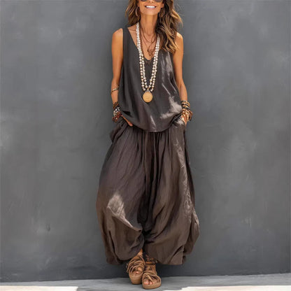 Women’s Cotton Linen Sleeveless Tank Top and Wide-Leg Pants Set