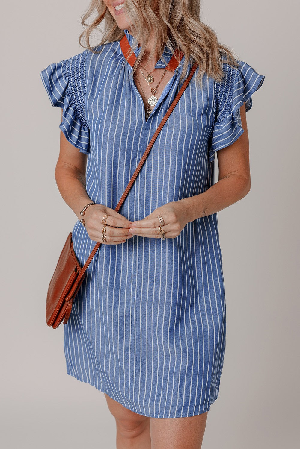 Threaded Pear Leah Stripe Frilly Split Neck Shirred Ruffle Sleeve Dress