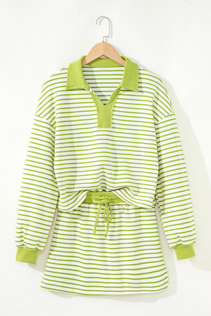 Threaded Pear Juniper Stripe Collared Pullover and Skort Outfit