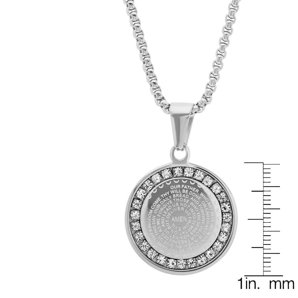 Our Father Prayer Round Pendant With Simulated Diamonds