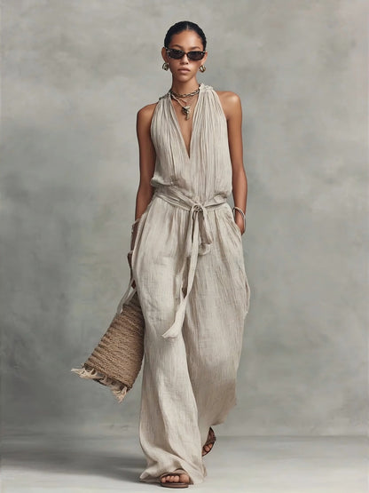 Lace-Up Sleeveless Straight-Leg Jumpsuit | Cotton-Blend