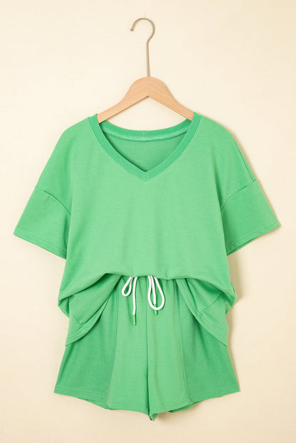 Mint Green V Neck Drop Shoulder Tee and Patchwork Drawstring Shorts Set