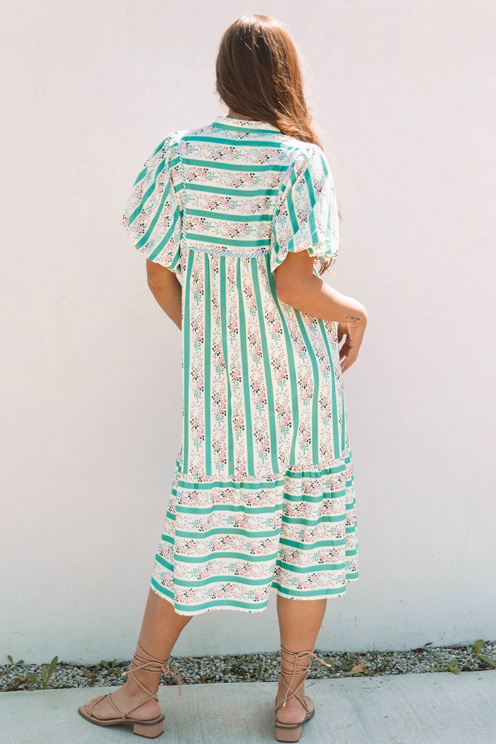Threaded Pear Billie Striped Floral Tie Split Neck Puff Sleeve Midi Dress