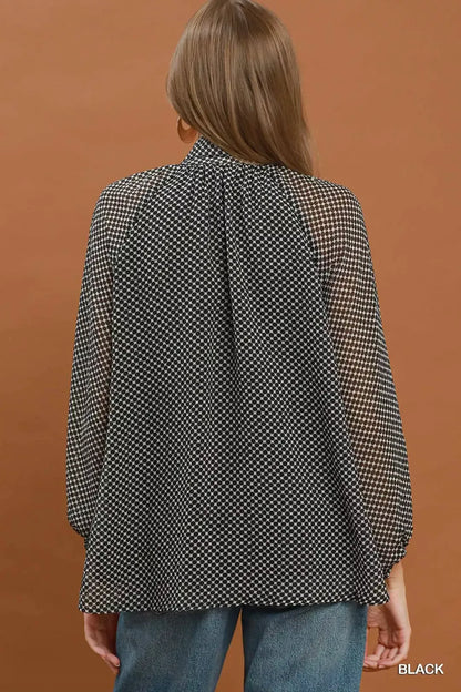 Umgee Dot Print Tie Neck Long Sleeve Blouse