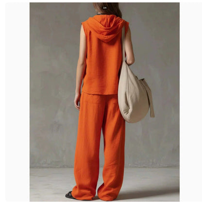 Sleeveless Hooded Top & Wide-Leg Pants Set | High-Waist Two-Piece