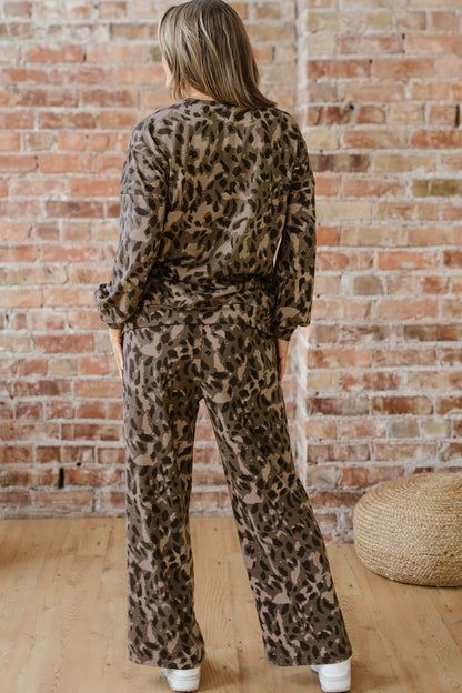 Threaded Pear Catherine Leopard Pullover Drawstring Loose Pant Set