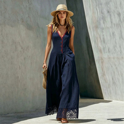 Women's Lace-Spliced Jumpsuit with Pockets – Sleeveless, High Waist, Straight Leg