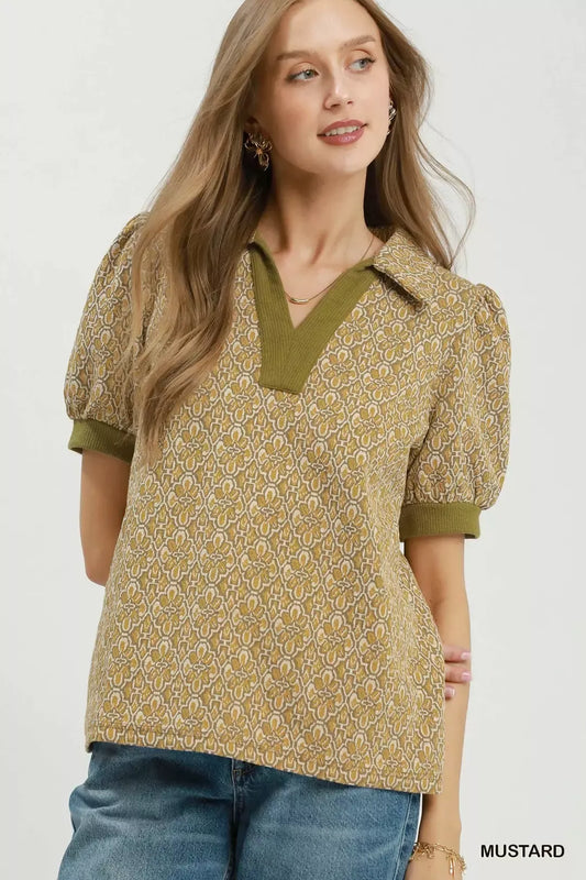 Umgee Printed Collared Puff Sleeve Top