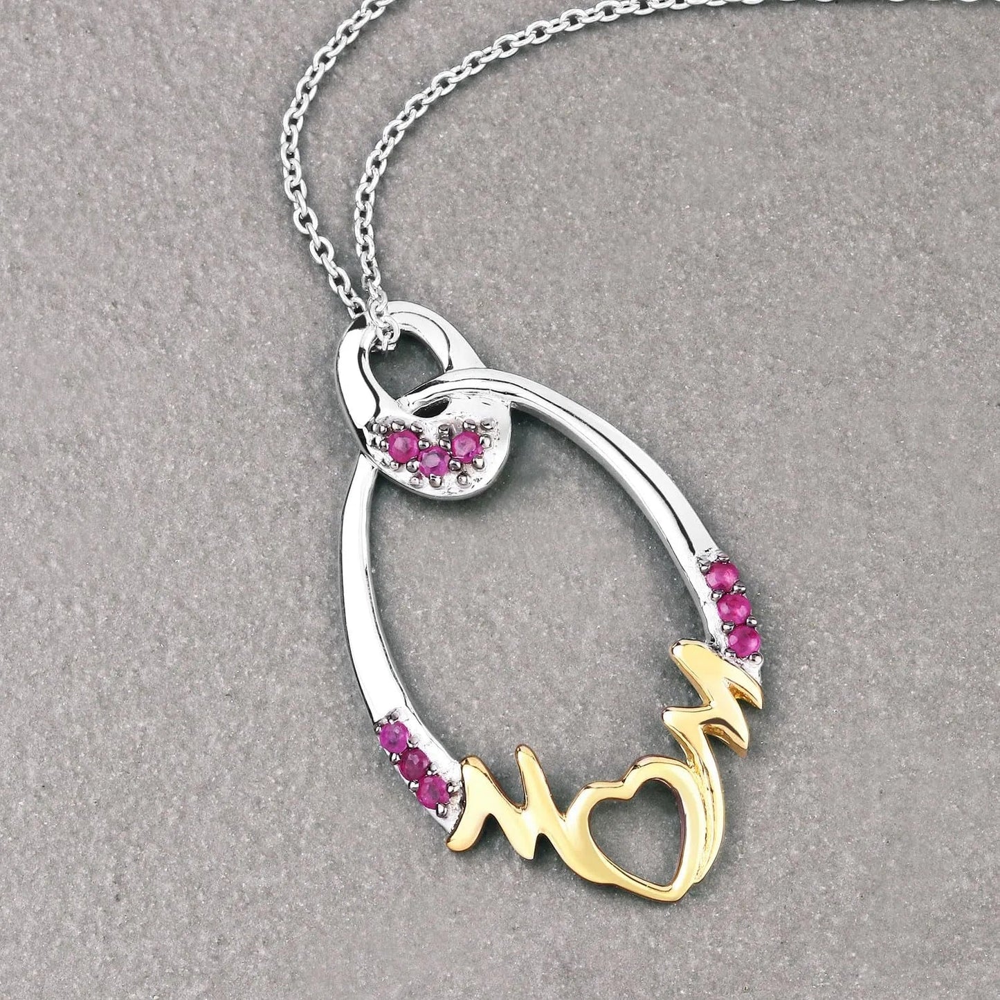 Round Pink Ruby Prong Silver Mom Heart Pendant Necklace