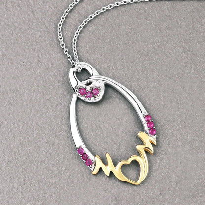 Round Pink Ruby Prong Silver Mom Heart Pendant Necklace