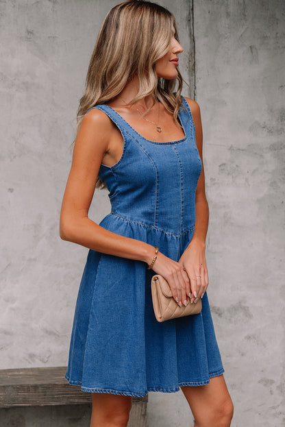 Threaded Pear Emily Square Neck Bowknot A-line Denim Dress