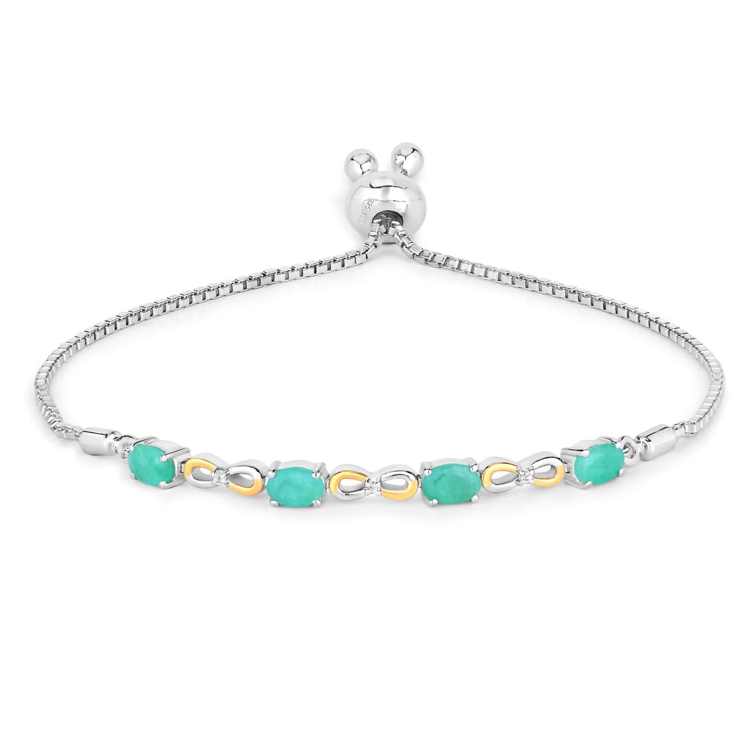 Oval Green Emerald Prong Silver Infinity Bolo Adjustable Bracelet