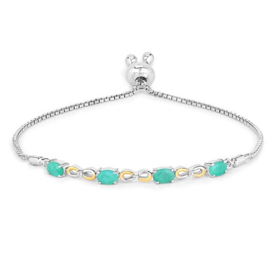 Oval Green Emerald Prong Silver Infinity Bolo Adjustable Bracelet