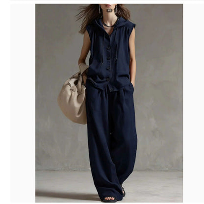 Sleeveless Hooded Top & Wide-Leg Pants Set | High-Waist Two-Piece