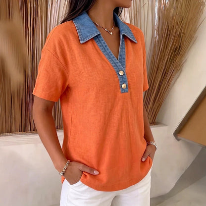 Women's Denim-Trimmed Linen Cotton Contrast Shirt
