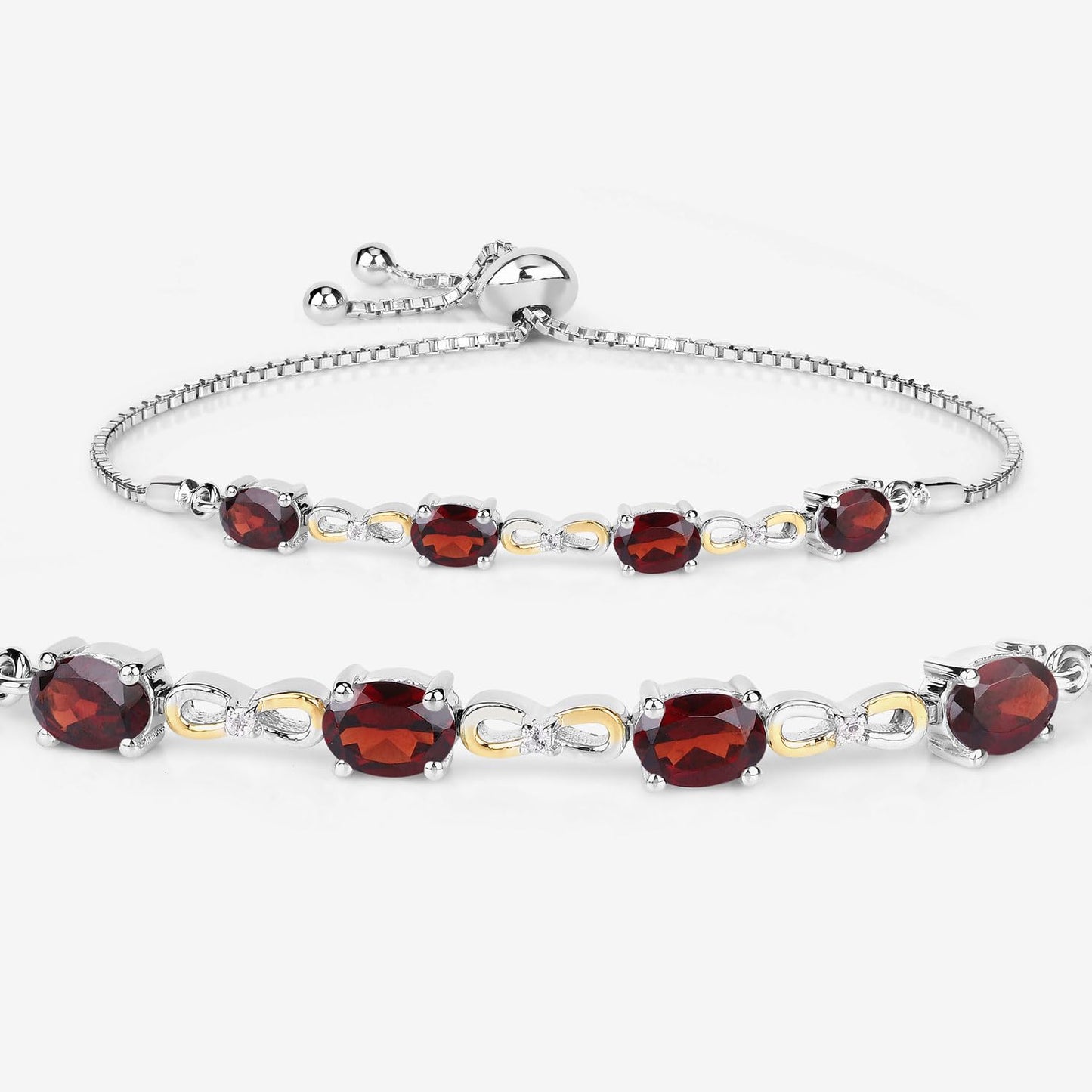 Oval Deep Red Garnet Prong Two-Tone Gold Plated Silver Infinity Bolo Adjustable Bracelet