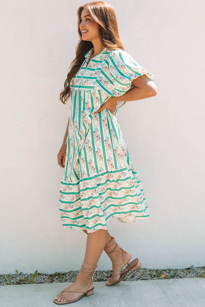 Threaded Pear Billie Striped Floral Tie Split Neck Puff Sleeve Midi Dress